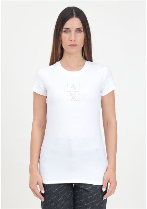 White short-sleeved T-shirt for women with rhinestone logo detail ARMANI EXCHANGE | 6DYT35YJCTZ1000